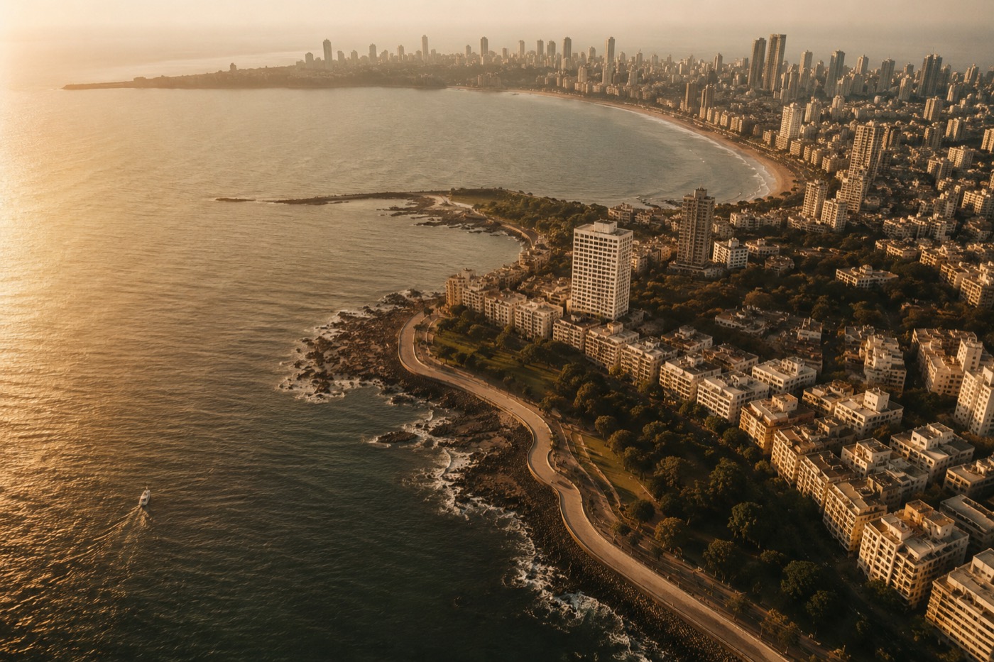 A cinematic golden-hour aerial drone shot of a coastal city