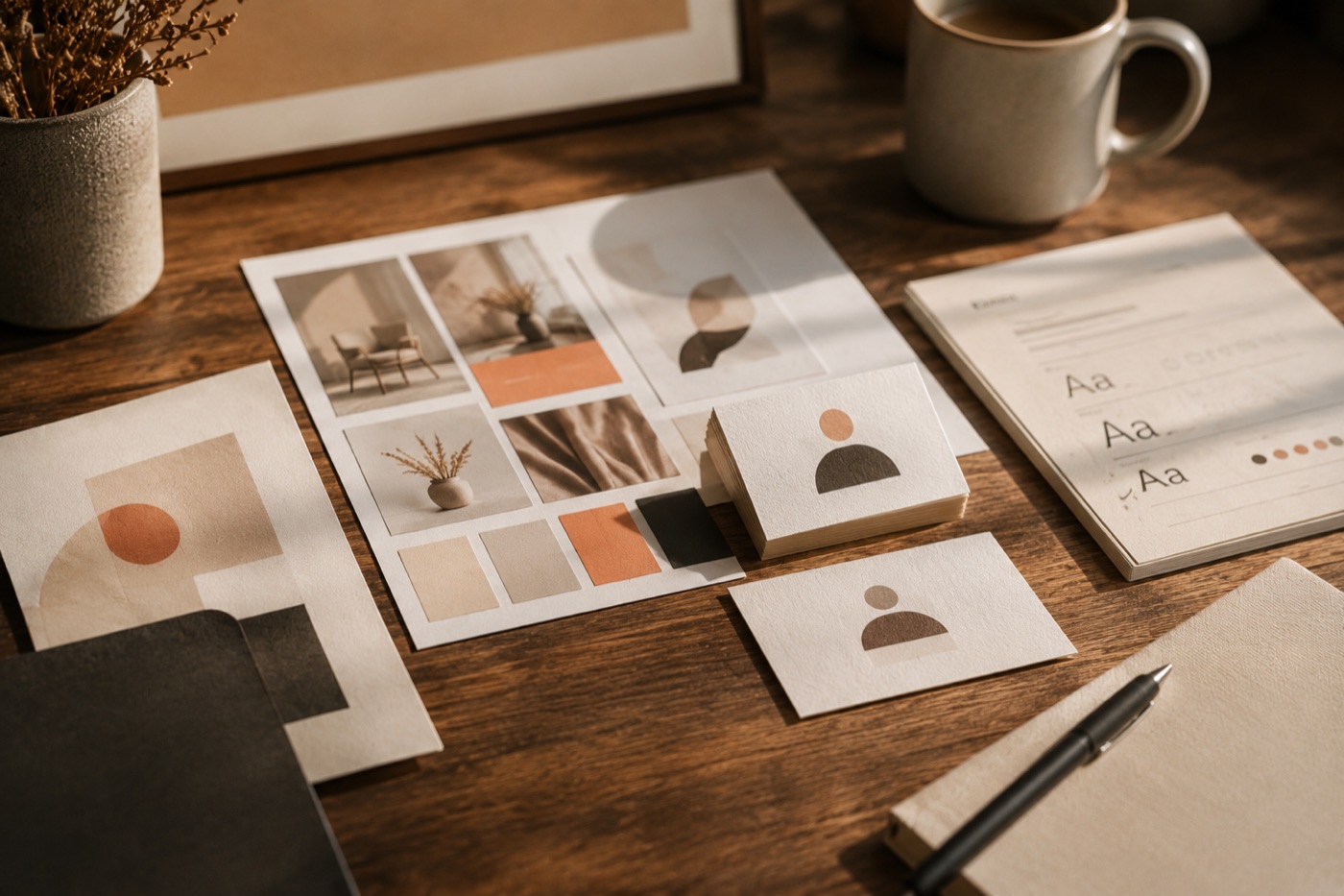 A brand identity in progress on a warm desk — logo marks, colour swatches and a type specimen