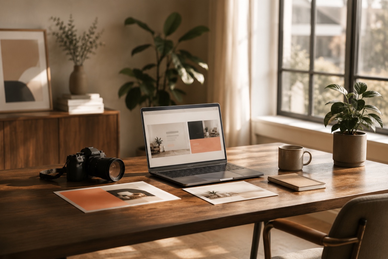 A calm, modern creative studio desk with a camera, laptop and design prints in warm light