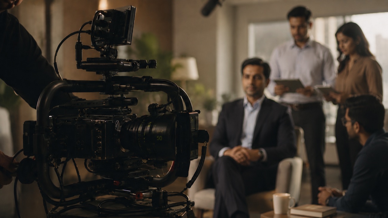 A cinema camera rig in the foreground on a film set, a warmly-lit interview subject beyond