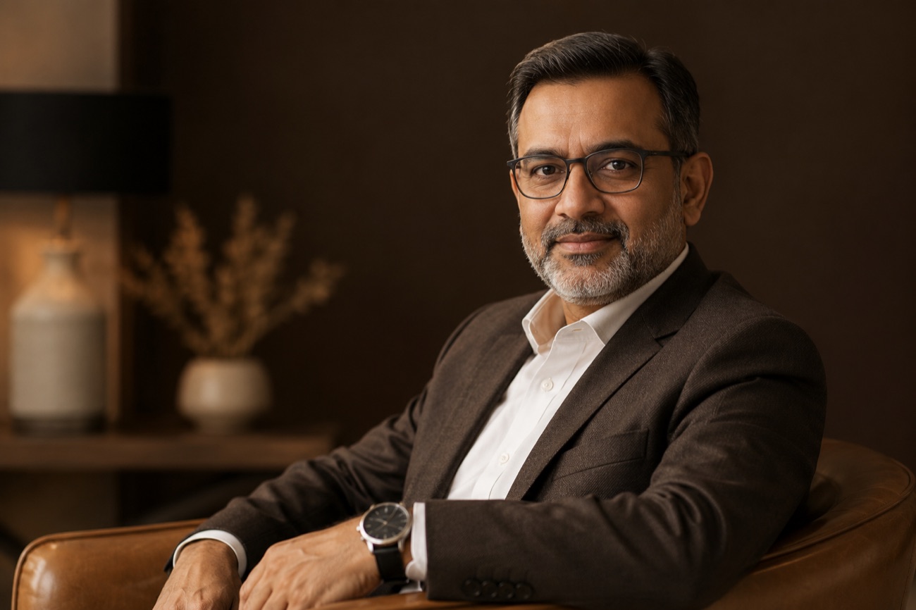 A confident executive in a cinematic studio leadership portrait