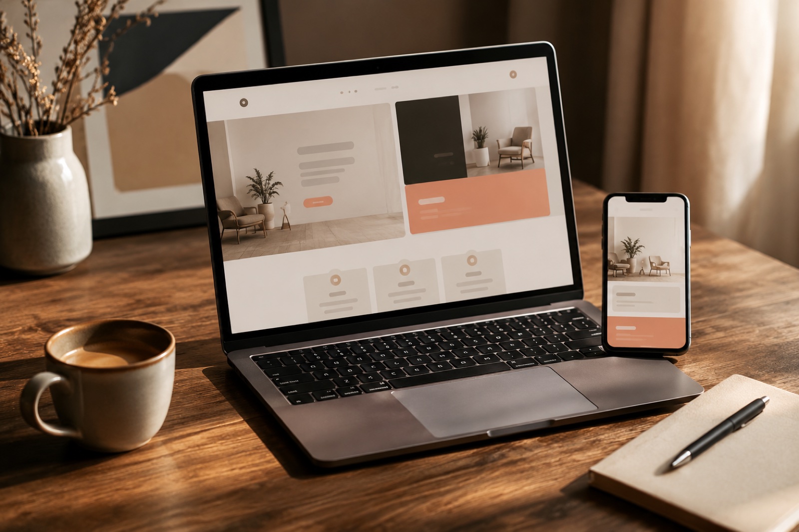 A laptop and phone on a warm wooden desk showing a clean, minimal brand website