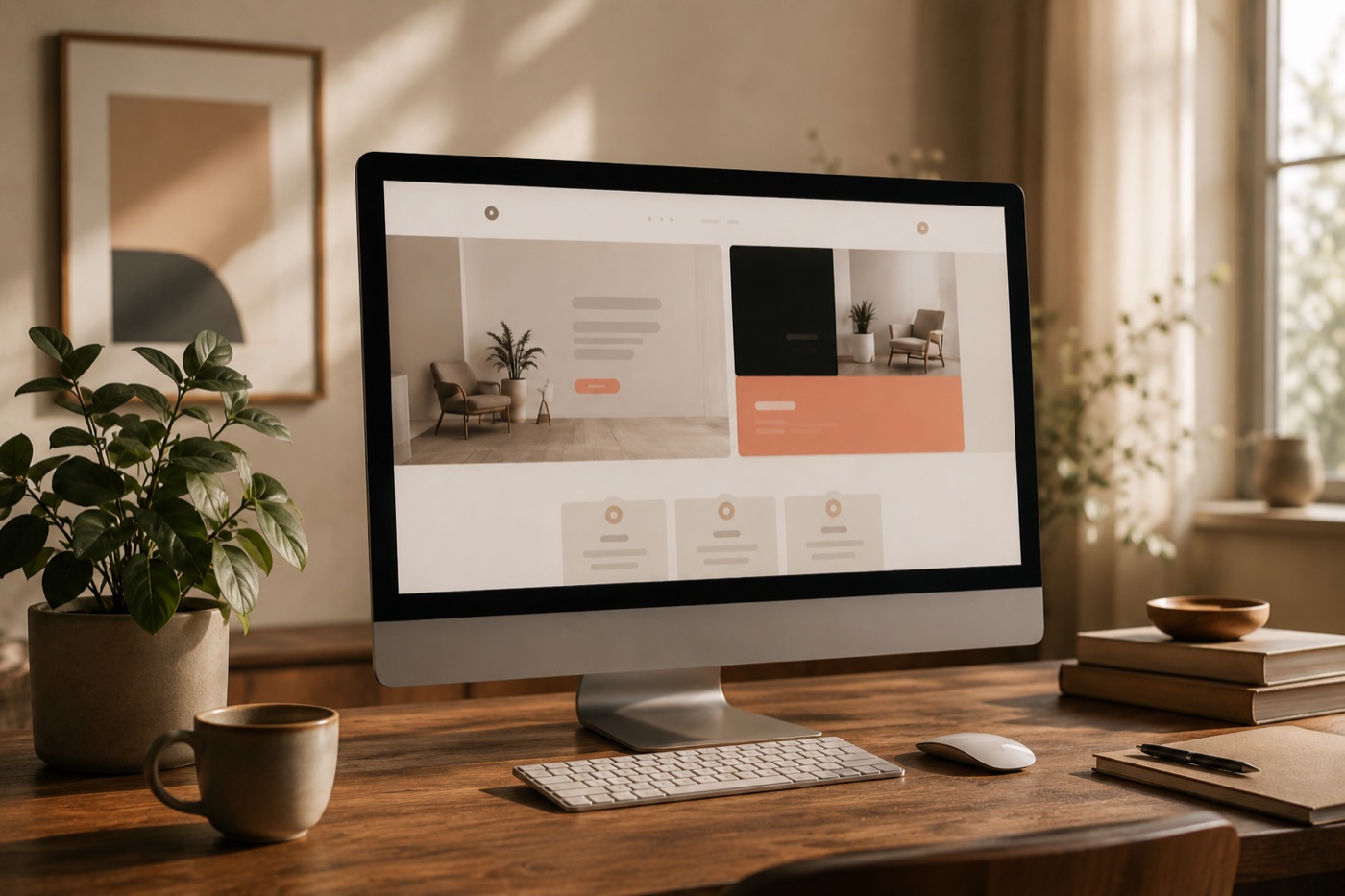 A sleek website open on a large monitor on a warm desk in a calm office